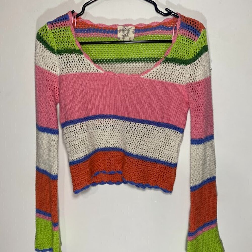 Hippie Rose Multicolored Striped Crochet Sweater